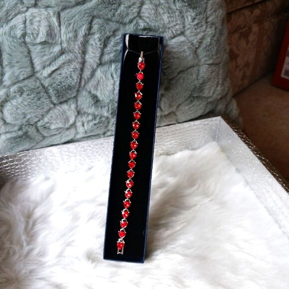 STERLING Silver Bracelet with Red Heart Shaped Rhinestones - Picture 3 of 8